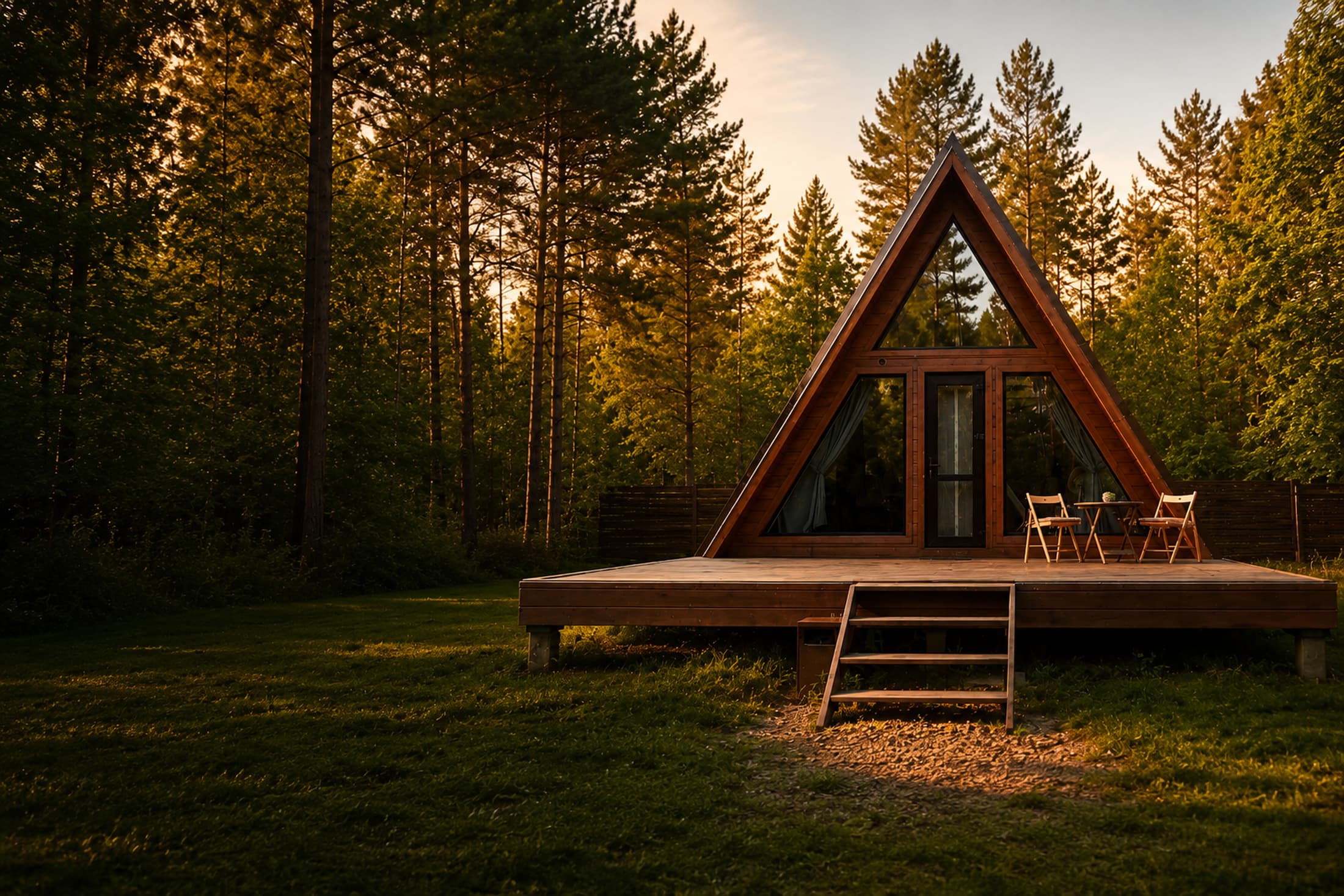 A-frame домик «Лесной» на фоне соснового леса в закатном свете